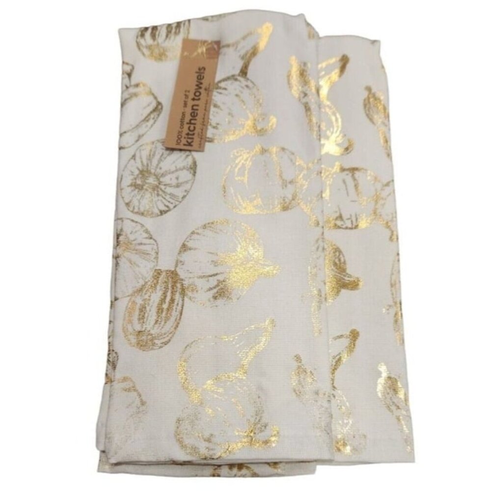 Thanksgiving Kitchen Hand Towel Set Pumpkins & Pears 100% Cotton NWT